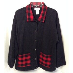 Vtg Mandal Bay Cardigan Sweater Wn L Black Red Ramie Wool Chunky Knit Granny 90s